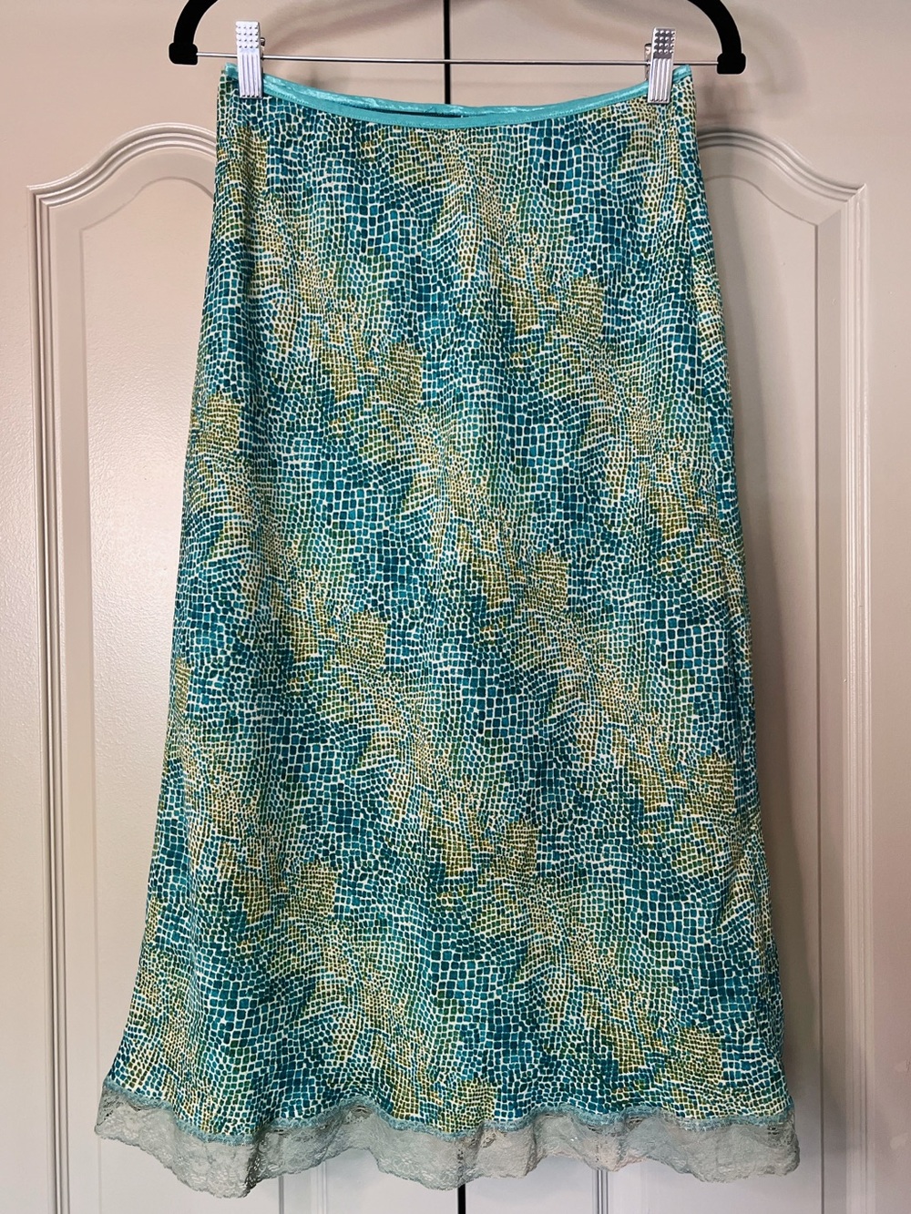 Vintage Y2K Mesh Print Midi Skirt Blue Green Lace Hem Fairycore Size L